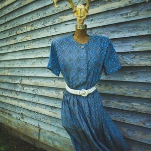 "Leslie Fay" Blue Dress with Lavender and Green Geometric Print